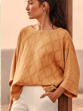 PureJill  J.Jill Mustard Yellow Medallion Print Boxy Gauzy Top Sz L